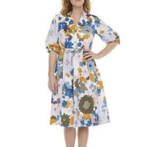 52seven Retro Floral Balloon Sleeve Midi Shirt Dress